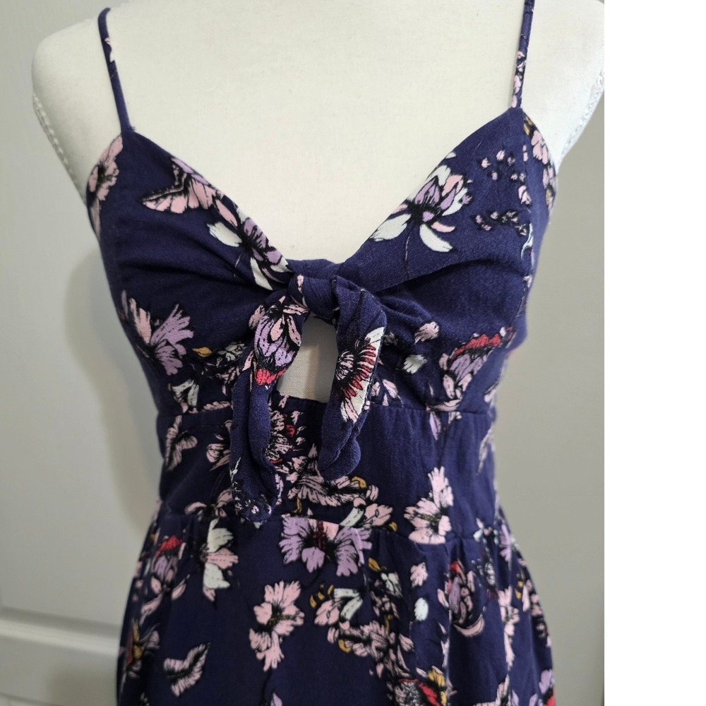 Rewind Dress Women M Navy Blue Floral Maxi Dress Tie Front Smocked Back Festival